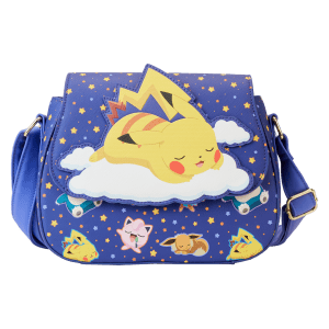 A crossbody bag featuring sleeping Pikachu and friends from Pokemon.