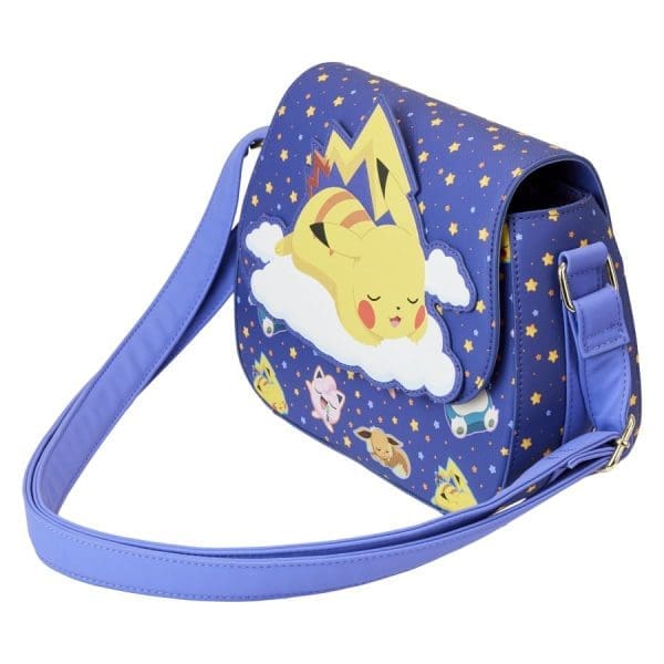 A crossbody bag featuring sleeping Pikachu and friends from Pokemon.