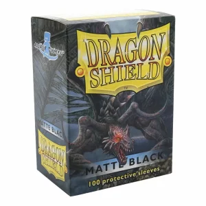 Box of 100 Black MATTE Dragon Shield Sleeves for optimal card protection.