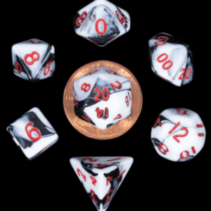 MDG 10mm Mini Polyhedral Dice Set: Marble w/ Red Numbers