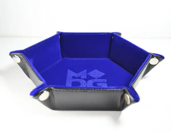 FanRoll Velvet Hexagon Dice Tray Blue with PU leather exterior and velvet interior