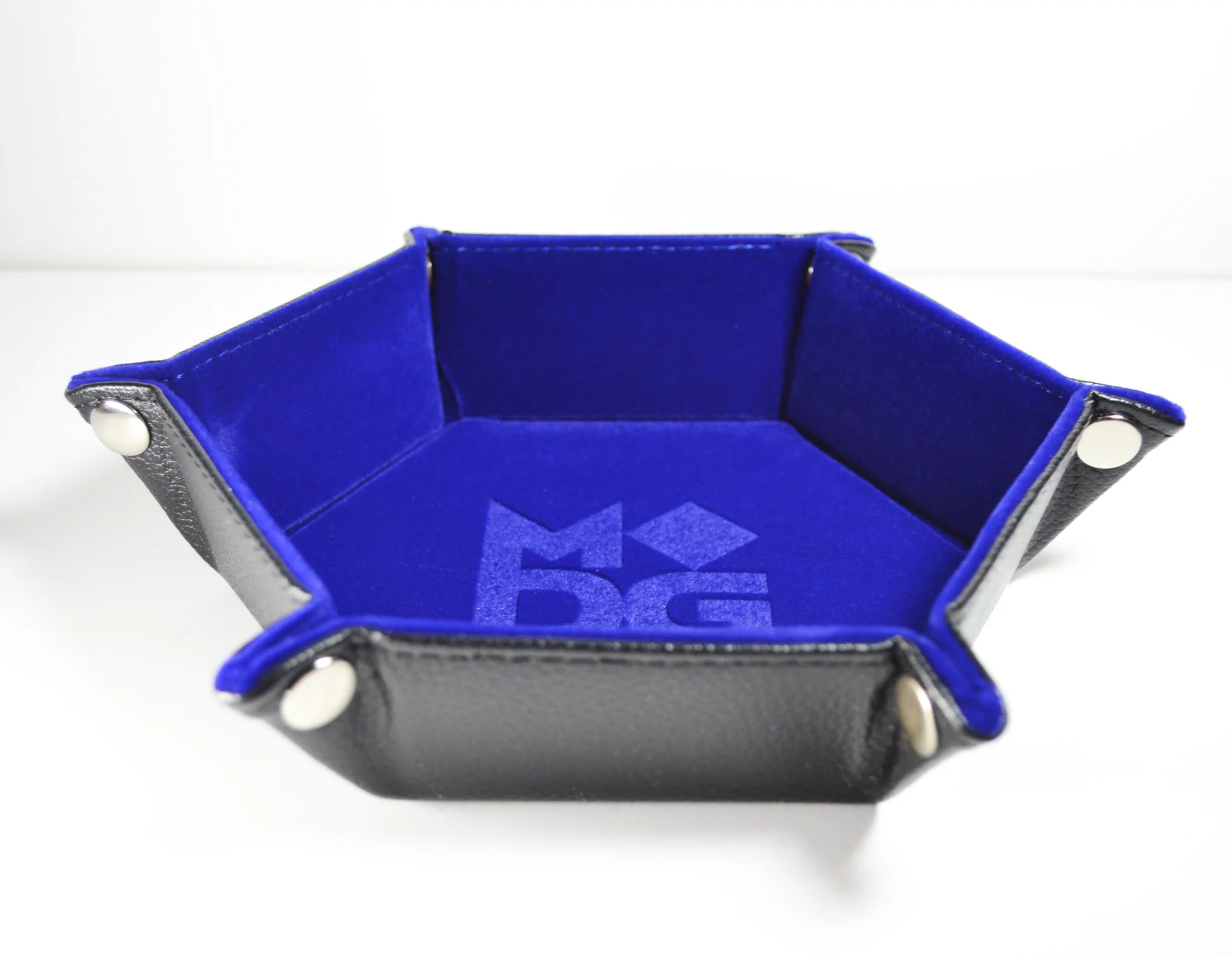 FanRoll Velvet Hexagon Dice Tray Blue with PU leather exterior and velvet interior