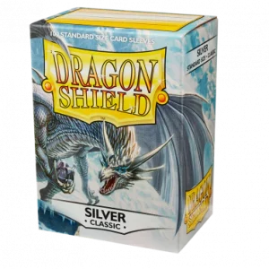 Box of 100 high-quality silver Dragon Shield card sleeves, designed for maximum protection and durability.
