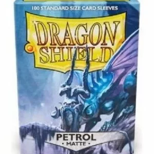 Box of 100 Petroleum MATTE Dragon Shield card sleeves, known for premium protection and a smooth finish.