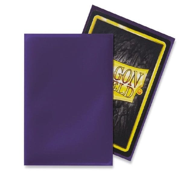 Pack of 100 purple Dragon Shield card sleeves, renowned for their exceptional durability and card protection quality.