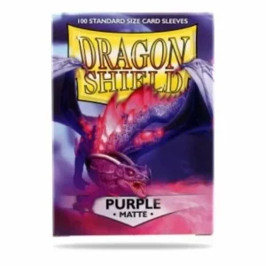 Box of 100 Purple Matte Dragon Shield card sleeves, known for durability and a smooth shuffling experience.