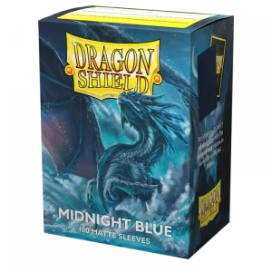 Dragon Shield Midnight Blue Matte Sleeves, Box of 100, offering durable protection for trading cards.