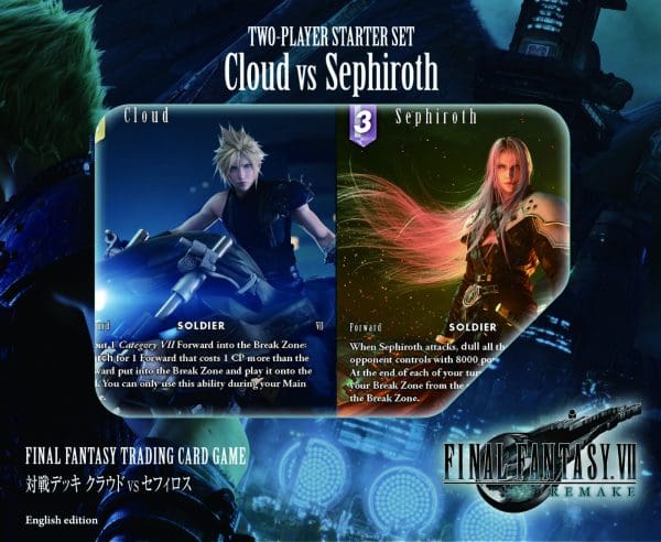 Final Fantasy TCG Two Player Starter Set featuring iconic characters Cloud and Sephiroth, ideal for fans and card game enthusiasts.