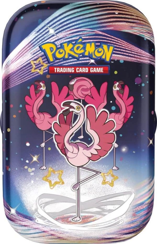 Pokémon TCG Scarlet & Violet 4.5 Paldean Fates Mini Tin featuring 2 booster packs, a sticker sheet, and a collectible art card.