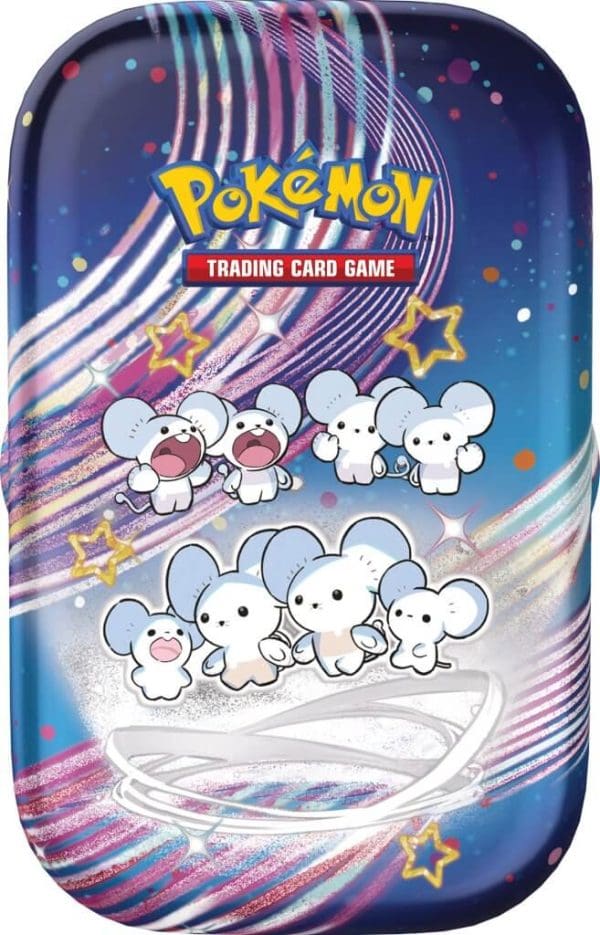 Pokémon TCG Scarlet & Violet 4.5 Paldean Fates Mini Tin featuring 2 booster packs, a sticker sheet, and a collectible art card.