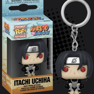 Naruto: Shippuden Itachi Uchiha Pocket Pop! Keychain, featuring the iconic Akatsuki cloak and Sharingan eyes."