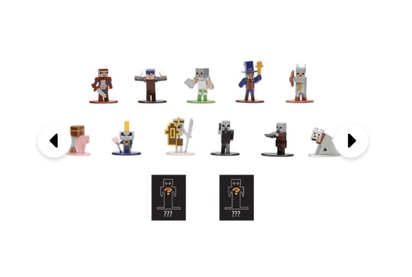 Collection of Minecraft Dungeons Nano Metalfigs, featuring iconic characters in detailed metal miniature form