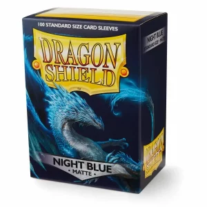 Dragon Shield Night Blue Matte Card Sleeves, 100-count box, with clear front and calm night sky blue back, providing durability and superior handling.