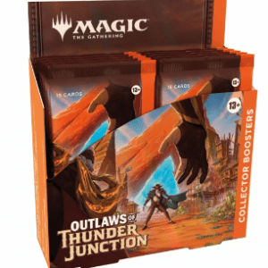 Magic Outlaws of Thunder Junction Collector Booster Display Box, featuring exclusive Wild West-themed MTG cards.