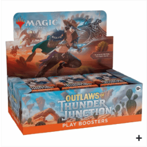 Magic Outlaws of Thunder Junction Play Booster Box with exclusive adventure-themed MTG cards.