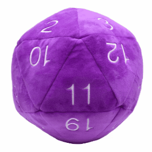 Jumbo D20 dice plush in purple and white, perfect for tabletop enthusiasts.