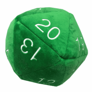 Green and White Jumbo D20 Dice Plush for tabletop gaming.