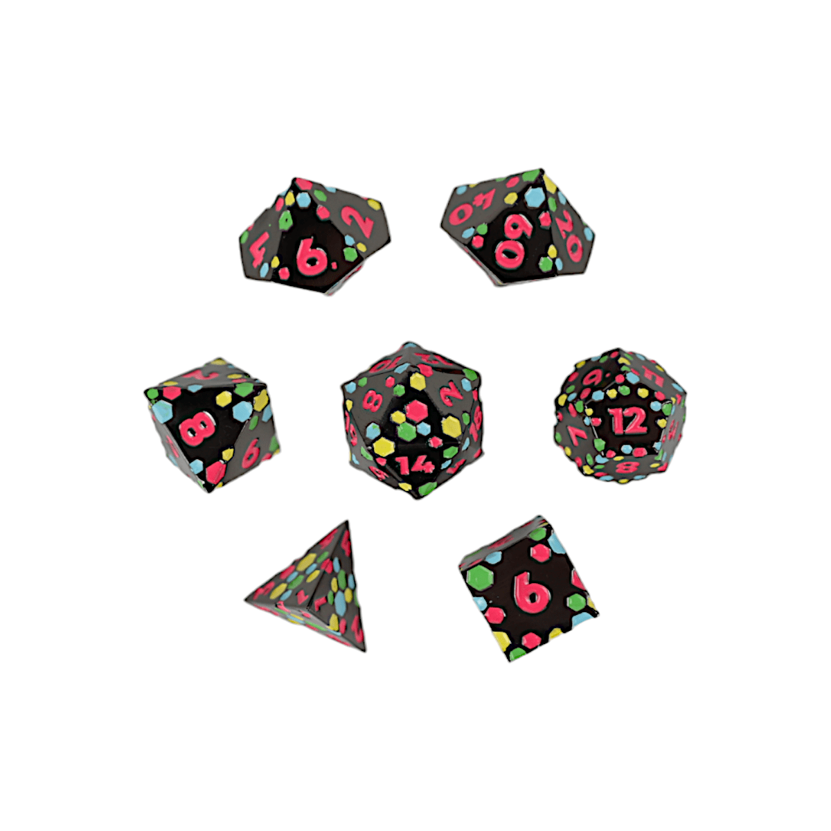 LPG Dice Set – Inscribed Hex Neon Polyhedral Dice