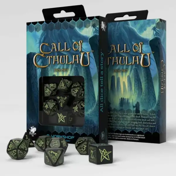 Q Workshop Call of Cthulhu Black & Glow-in-the-Dark 7 Dice Set – Polyhedral RPG Dice