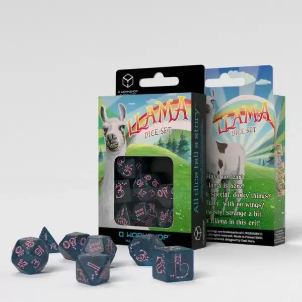 Q Workshop Sparkling Llama Dice Set – Glittering Dark Blue & Pink – 7-Piece Polyhedral RPG Dice