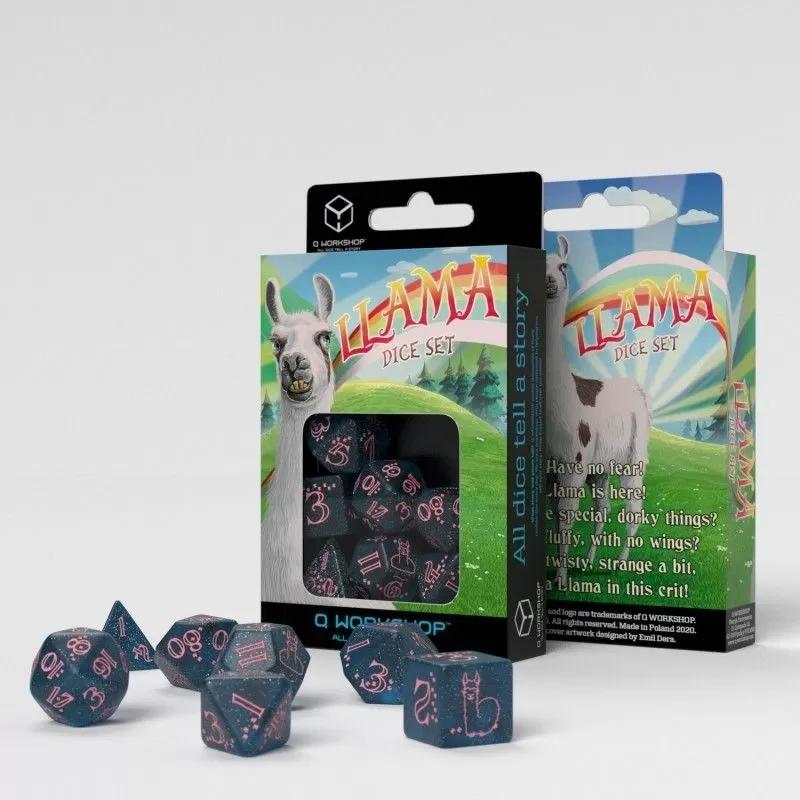 Q Workshop Sparkling Llama Dice Set – Glittering Dark Blue & Pink – 7-Piece Polyhedral RPG Dice