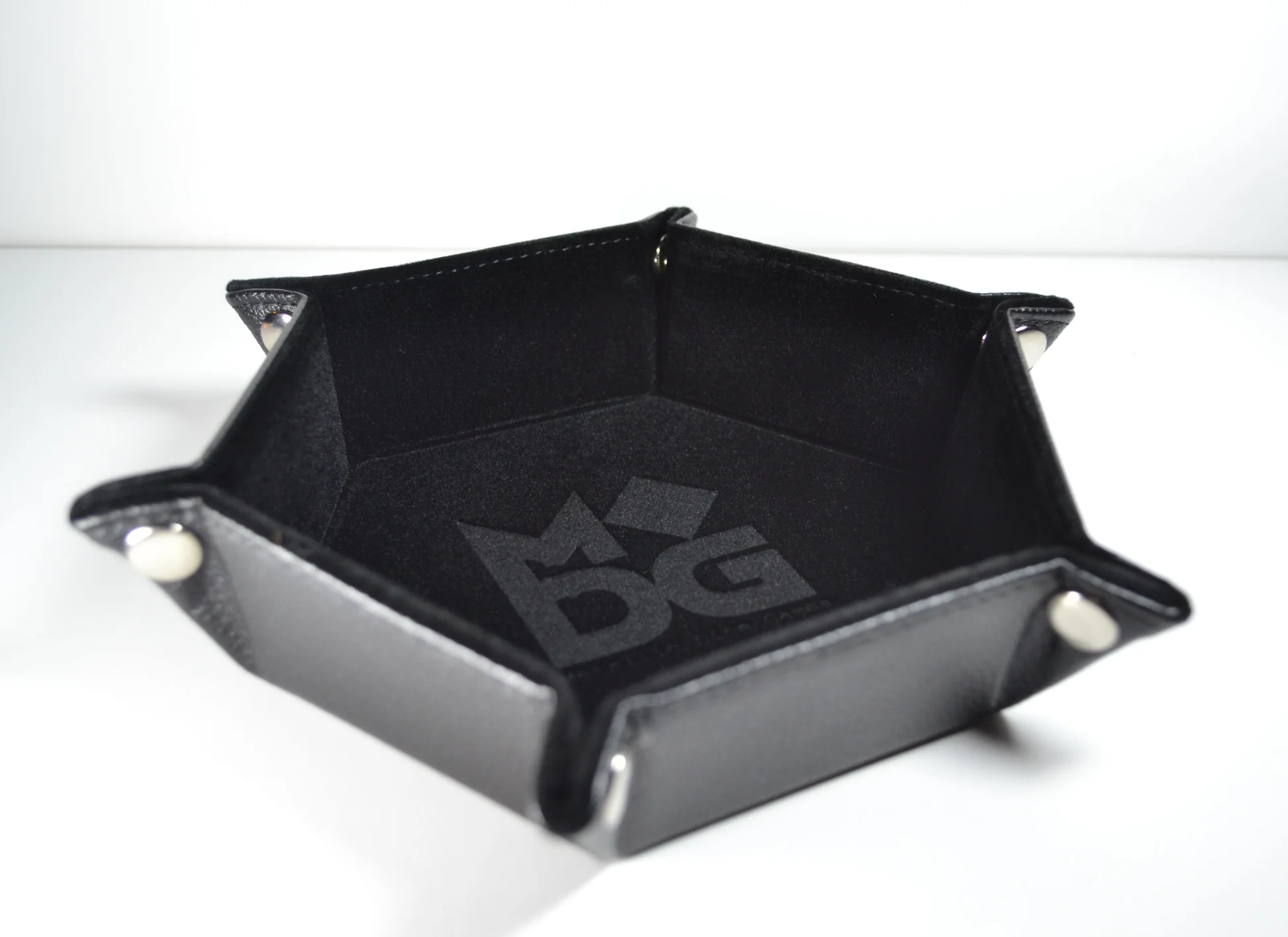 FanRoll Velvet Hexagon Dice Tray Black with PU leather exterior and velvet interior