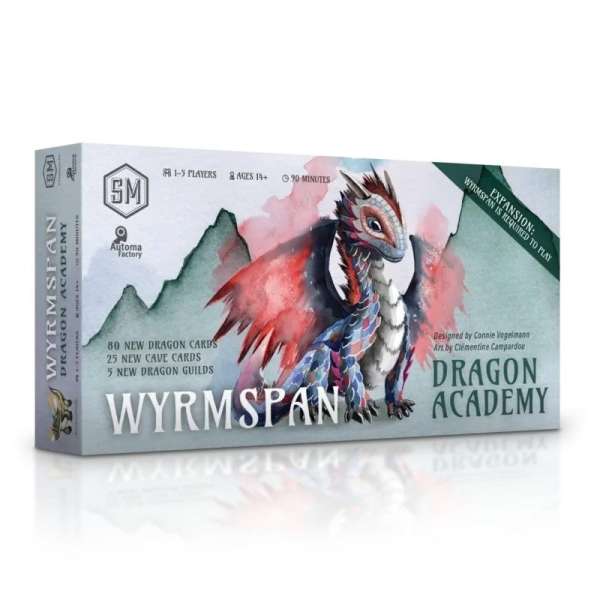 Wyrmspan Dragon Academy Expansion board game box and components