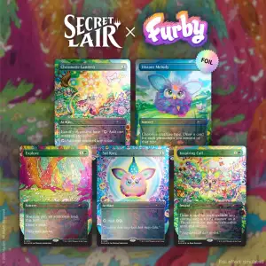 Magic the Gathering Secret Lair Furby Doo-ay Noo-lah Foil Edition cards with rainbow finish