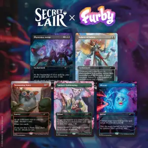 Magic the Gathering Secret Lair Furby Furbys The Gathering cards featuring surreal Furby art