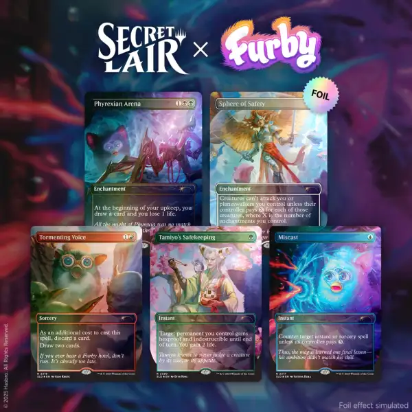 Magic the Gathering Secret Lair Furby Furbys: The Gathering Foil Edition cards with shimmer foil