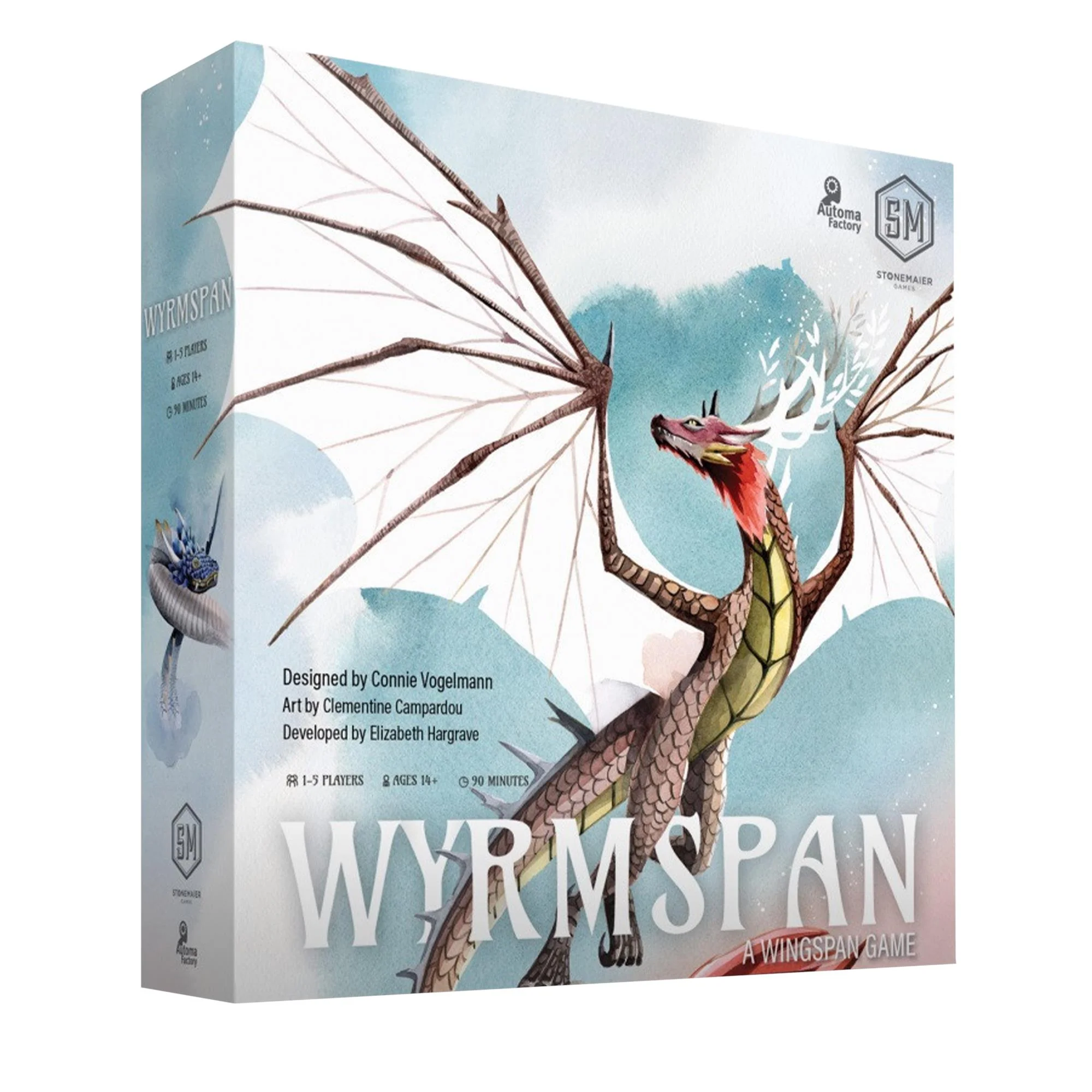 Wyrmspan board game box featuring dragons and cavern artwork