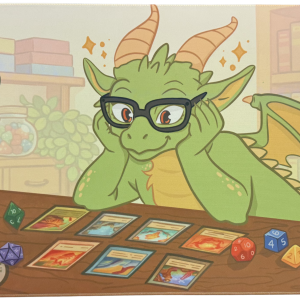 Dorky's DeeDee dragon mascot premium stitched edge playmat for TCG and RPG games